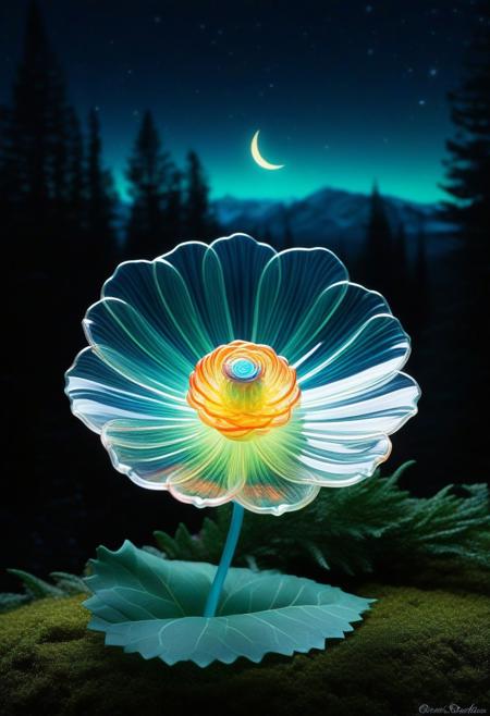 brightly colored candy land, the celestial bloom: a delicate, hand blown glass flower adorned with intricate, swirling patterns that evoke the aurora borealis, (( growing in the fantasy forest )) background.  the glass flower rises like a wispy tendril of starlight, the glass petals unfolding like a flower in bloom. each petal is carefully crafted to resemble a tiny, iridescent moon, with subtle ridges and valleys that refract light into a kaleidoscope of colors. as the eye follows the curves of the bloom, it becomes apparent that each petal is slightly asymmetrical, as if it has been delicately pushed aside by an invisible breeze. this gives the piece a sense of gentle movement, as if it might unfurl further at any moment. the overall effect is one of ethereal beauty, as if the celestial bloom has been plucked from the very fabric of the night sky and  for our admiration. when lit from within, the bloom glows with a soft, lunar luminescence that seems almost otherworldly, making it a true masterpiece of glasswork artistry., vector art inspired by cyril rolando, behance, candy land, candyland