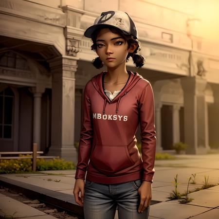 ((masterpiece, best quality)),(complex lighting) , solo,1girl, clementine,  dark skin,dark-skinned female,  <lora:ClementineWalkingDead1-10:0.8>, baseball cap, jeans, shirt,long sleeves, short twintails, hoodie,