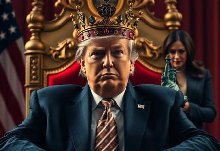 Donald Trump as the King of the USA: Donald Trump sits on a throne, proudly wearing a crown adorned with cryptocurrency symbols (Bitcoin, Ethereum, Dogecoin) instead of traditional jewels. His expression is fierce and triumphant, a smirk playing on his lips, embodying the power of a self-declared “King of the USA.”
Tagline: “The King is Back: A New Reign Begins.”
Kamala Harris in the Background: Positioned more prominently in the background, Kamala Harris stands in clear view, tears visible as she gazes downward, conveying a sense of sorrow or defeat. She’s supported by a small Statue of Liberty figure that tugs on her gently, as if to encourage her forward or console her in her despair.
Visual Details: Shot with Panavision Cine Prime lenses, with high-quality color correction that enhances both realism and contrast in a docufiction style. The scene is vivid yet atmospheric, with rich colors and textures that highlight Trump’s imposing presence while emphasizing Harris’s emotional expression and the subtle symbolism in the Statue of Liberty’s supportive gesture.