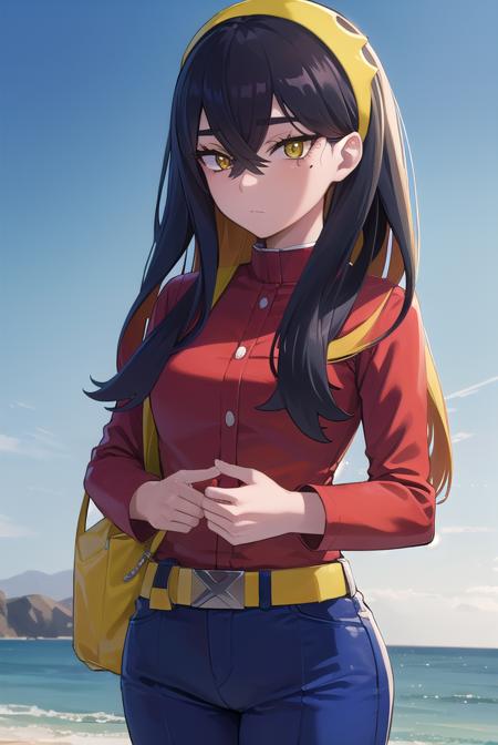 pokemoncarmine, black hair, colored inner hair, crossed bangs, hair between eyes, hairband, long hair, mole, mole under eye, multicolored hair, red hair, sidelocks, two-tone hair, (yellow eyes:1.5), yellow hairband, buttons, long sleeves, jacket, gloves, red gloves, pants, belt, blue pants, blue jacket,