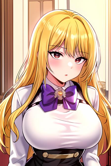 ((masterpiece, best quality)),1girl,standing,solo,indoors,blush,large breasts,((bare hands)),bow breasts,  bangs, alice \(uniform\) \(seka\), black_skirt, blonde_hair, bow, bowtie, breasts, cowboy_shot, eyebrows_visible_through_hair, high-waist_skirt, long_hair, long_sleeves, looking_at_viewer,purple_bow, purple_bowtie, red_eyes, skirt, (white_shirt),,,,,, ,extremely detailed CG unity 8k wallpaper, perfect lighting,Colorful, Bright_Front_face_Lighting,White skin, (masterpiece:1.0),(best_quality:1.0), ultra high res,4K,ultra-detailed, photography, 8K, HDR, highres, absurdres:1.2, Kodak portra 400, film grain, blurry background, bokeh:1.2, lens flare, vibrant_color,professional photograph,bow breasts,(Beautiful large_Breasts), (beautiful_face:1),(narrow_waist),Beautiful Finger,Beautiful long legs,Beautiful body,Beautiful Nose,Beautiful character design, perfect face,perfect balance,(2d)