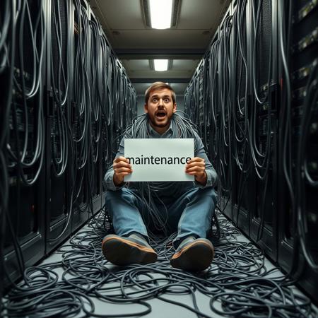 A server room, in the center a man sits with a desperate face and his body tangled in thousands of cables, the man holds a sign in his hands that says "maintenance"