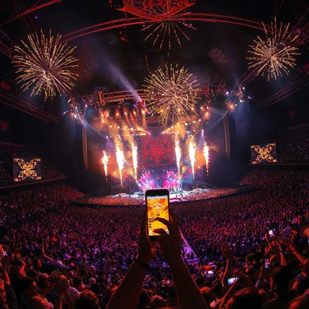 An incredible concert with a magnificent band, fireworks, lights, and an incredible stage; but the entire audience is staring at a cell phone in the center, paying no attention to the band.