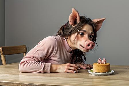woman, from side, bent over, eating cake on a table, looking at viewer, pig woman, snout, multibreast, pig nose, pig ears, tail, animal hands