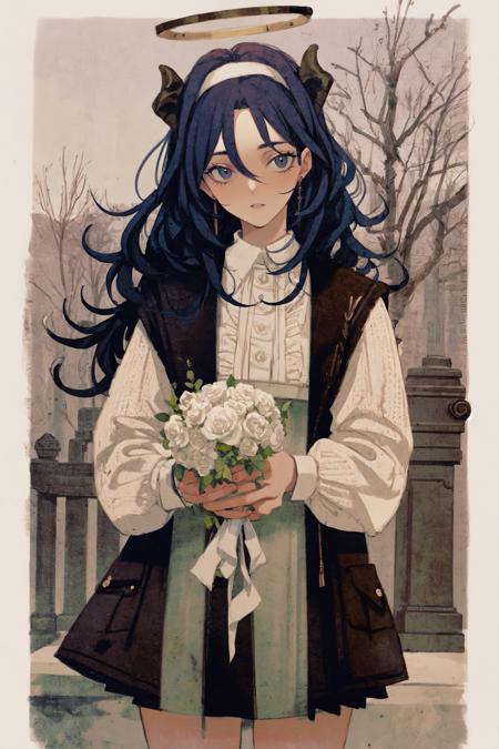 masterpiece, best quality, extremely detailed, detailed background, detailed face, 1girl, flower, solo, white flower, long hair, bouquet, halo, horns, cross, blue hair, tombstone, white rose, skirt, tree, jacket, black skirt, rose, shirt, sleeves past wrists, black jacket, earrings, hairband, white shirt, jewelry, frills, holding bouquet, border, very long hair, long sleeves, blue eyes, mostima (arknights), holding, parted lips, outdoors