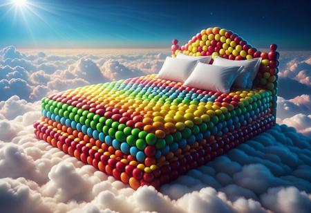 a bed in the clouds, clouds made from colorful skittles, lightrays dreamy,
--uplight.,vibrant masterpiece,32K,UHD,best resolution,perfect details,best quality,best details,best artist,sharp edges,detailed textures,full view,atmospheric lighting,visually stunning,perfect composition,trending on behance,--uplight,