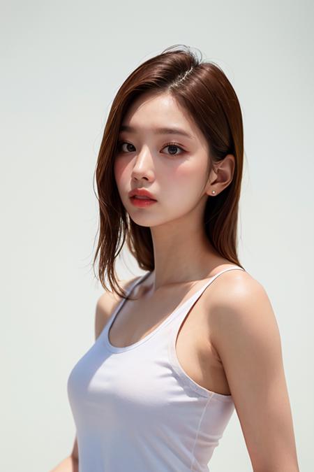 (masterpiece,best quality,realistic:1.3),1girl,solo,upper_body,sleeveless_shirt,bare_shoulders,(white_background,simple_background:1.3),(ulzzang-6500-v1.1:0.3),<lora:sullyoon_nv:0.7>