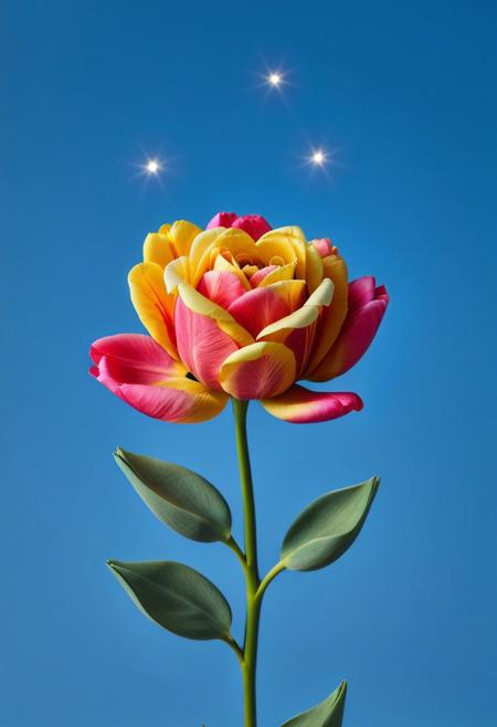 8K analog photo, A single rose flower, rose flower made of tulips candyhearts, close up, bluesky, minimalist, deep rich colors, starry sky, simple background,