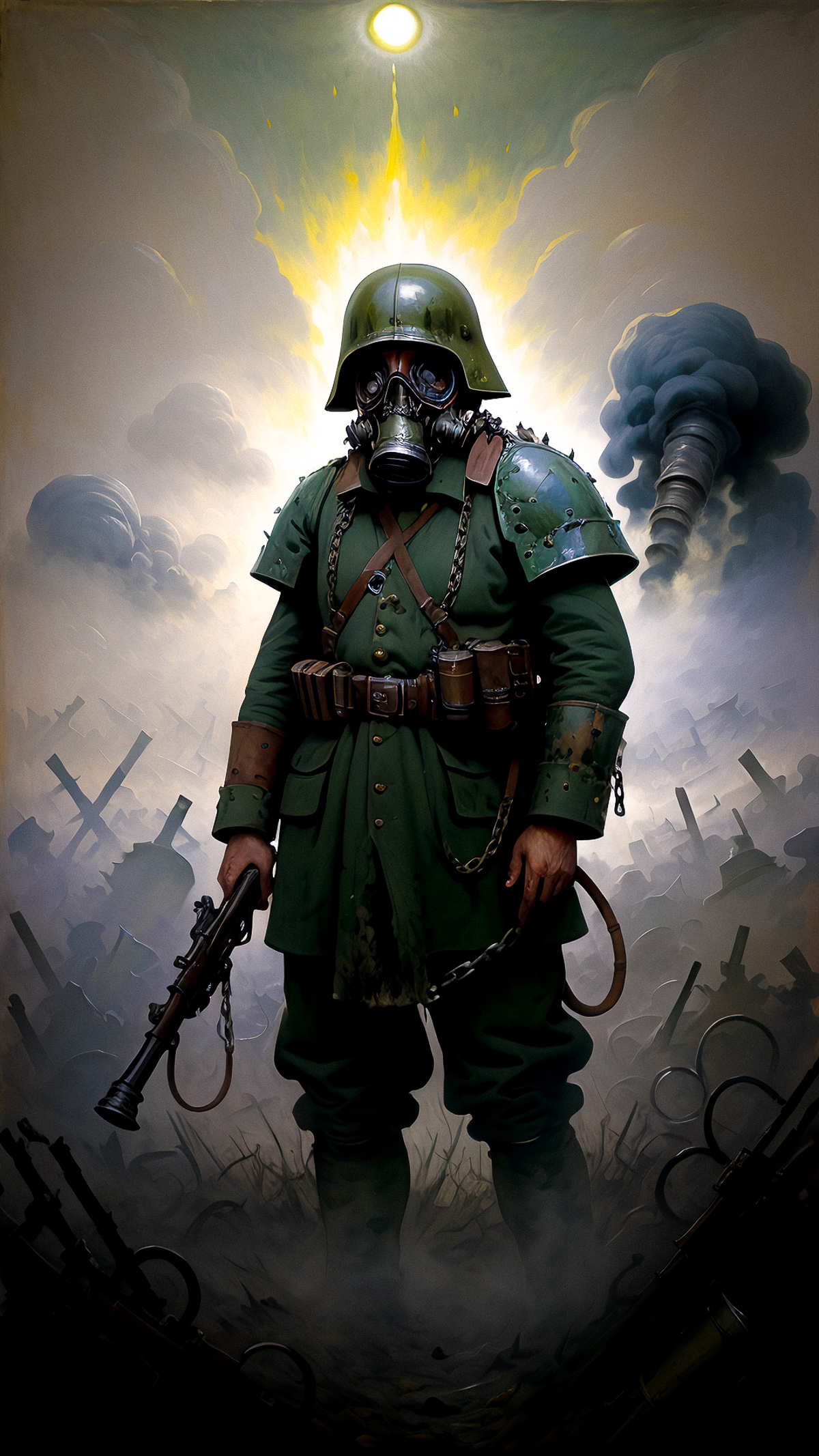 A soldier wearing a gas mask and holding a gun, standing in a battlefield.