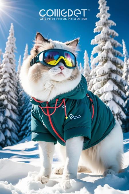 high quality,masterpiece,ragdoll,snow,cat,winter,ski goggles,dog coat,outdoor,snow-covered trees,animal wearing clothes,winter gear,cool,daytime,clear skies,canine,active,leisure,adventure,white,goggles,pet fashion,standing,four-legged.,photo,depth of field,