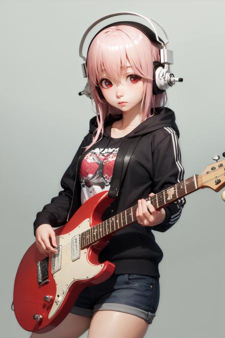 (masterpiece, best quality:1.2), <lora:super_sonico-10:1.0>, solo, 1girl, super sonico, expressionless, playing guitar, holding instrument, headphones, red eyes, hooded jacket, shirt, shorts