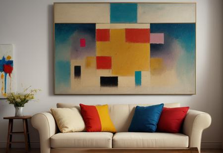 Epic style (professional photo of an artistique painting in a living room, hanging on the wall), (((the painting is showing the [[[<lora:5ParDet-ColCin-nM:0.71>, (Spiritual Expressionism), (Immersive Point of view, clear lines, glossy surface, oily gloss, perfect composition, symmetrically arranged depth of field, dynamic perspective, subsurface scattering), bokeh, decorative, symmetrical, by (((Ernst Ludwig Kirchner), Paul Klee, influenced by the works of Johannes Itten) and Lyonel Feininger).]]] hanging on a white wall in an modern room))), in a simple frame:1.2), (the photo is taken from far away with a wide shot lens, [[taken with a Nikon D850 and Nikon AF-S NIKKOR 105mm f/1.4E ED lens]]:1.2), ((realistic sofa, painting hanging on the wall:1.2)), (detailed oil painting, painture crackles:1.2), ((full picture, full view:1.2)), ((enclosed painting:1.4)), Constraint Uncensoring Lighting: This lighting technique introduces an environment with a (restrained yet revealing ambiance:1.2), where illumination strategically (exposes details while imposing a captivating constraint:1.6). Through meticulous calibration, it tempers stark contrasts, fostering an enticing interplay of light and shadow that invites viewers to explore the scene openly, without inhibition., masterpiece, best quality, 8k, insane details, intricate details, hyperdetailed, hyper quality, high detail, ultra detailed, clear shadows and highlights, intense, enhanced contrast.