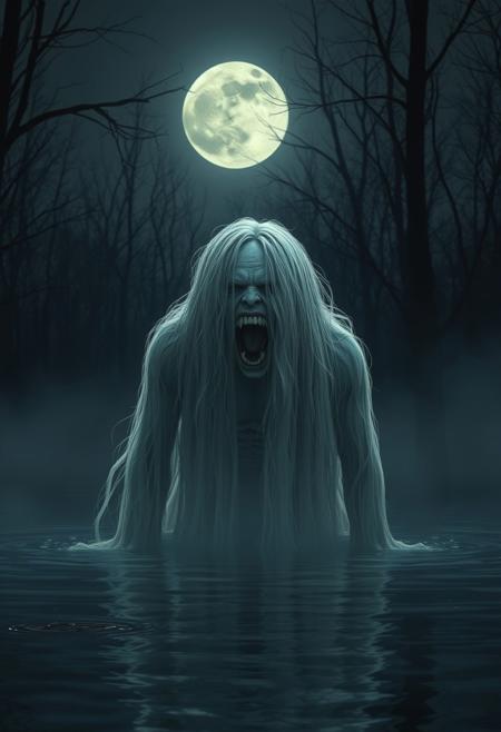 "In a moonlit swamp, a banshee with long white hair and a mouth open in a silent scream is drifting above the water, spreading terror. High definition, eerie and ghostly, detailed textures"High resolution, cinematic, frightening details” photorealistic concept art, soft natural volumetric cinematic perfect light.