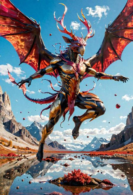 "3d render of (greatest vision with logical wisdom of mytical creature of future, stunning portrayal)),very dynamic fight Position,mid-shot, mid-air, Iridescent scales, dark, eerie, wet reflections,  growth (by Ben Shahn+peter mohrbacher)Very distinctive painting manner, subdued colors with splashes of crimson and gold. Subdued,Vivid,Scenes, Illustrative,unreal engine 5, Fine lines,magic realism, final 3d render,(((masterpiece))),(((best quality))), ((ultra-detailed)), UHD,HDR,64K, --v 6"