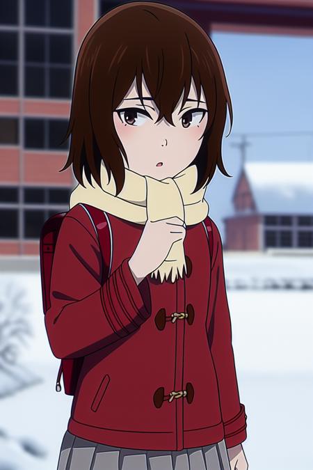 Erased - Kayo Hinazuki walking in the snow, titled Hinazuki Kayo