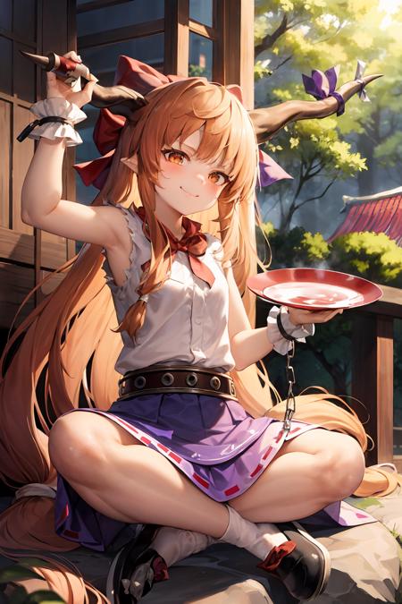 masterpiece, best quality,   <lora:suika:1>,1girl, ibuki suika, horns, solo, tree, long hair, skirt, horn ornament, shirt, sitting, cup, low-tied long hair, white shirt, horn ribbon, sleeveless, indian style, bow, orange hair, sakazuki, sleeveless shirt, outdoors, ribbon, socks, wrist cuffs, white socks, very long hair, hair bow, purple skirt, blue skirt, holding, holding cup, bangs, scenery, oni horns, belt, chain, hand on hip, day, red bow, gourd, oni, sidelocks, wide shot, alcohol, rock, horn bow, purple ribbon, east asian architecture, nature, sunlight, architecture, cuffs, closed mouth, orange eyes, indoors, shackles, sliding doors, smile, hand up, torn clothes, full body, neckerchief, forest, arm up, looking afar, looking to the side, bare shoulders