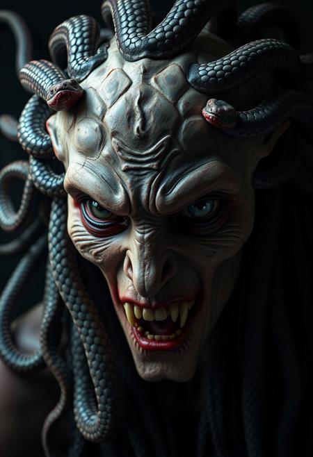 Medium shot of Medusa, horror, snakes at the hair, dramatic, (masterpiece, best quality, high quality), hyperdetailed, highres, intricate detail, HDR, 8k, sharp focus, realistic eyes, detailed skin texture, subsurface scattering, realistic, dark, photorealistic,