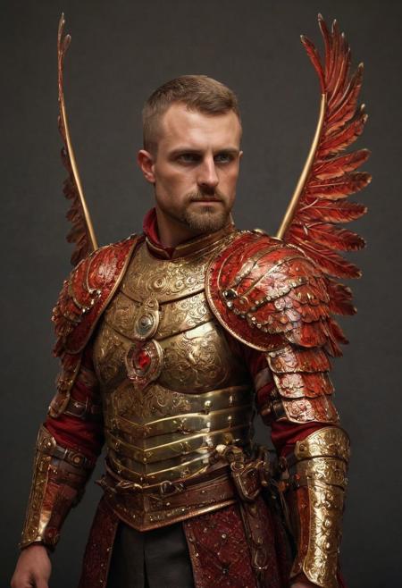 dual winged hussars, ornate red brass stylized wings on back of man, 2 large hussar wings behind back, undercuthaircut, Photorealistic oil painting of (Handsome:1.1) (Polish) (Irish) (Slavic) (bright sapphire eyes) (half-dragon warrior-prince:1.2) with (intricate metallic red brass scales seamlessly melded into arm and neck:0.9), 18-year-old, (darkblonde undercut short hair:1.1), (medieval fantasy clothing:1.2), grimdark fantasy, (medieval) fantasy, high fantasy, epic fantasy, (upper body:1.3) (medium shot:1.3) taken with (fujifilm xt3:1.1), film grain, dark style, raking light dramatic hard shadows, (dramatic lighting:0.9), material contrast, cinematic composition, intricate details, masterpiece, visually stunning, evocative, vivid deep hues, brass, red Crystal, (body transformation:1.2), <dhevv:ds-style:rsd1.5>, realistic eyes, scaleborn, scales, undercut, royal, red armor, symmetrical armor, large nose, wide nose, wide nosebridge, tallnose, dour expression, full beard,