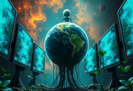 A planet  surrounded by large screens, held up by plants roots.  cosmos background with  a alien creature in space.
