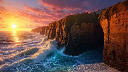 4k wallpaper, extremely detailed, best quality, high resolution, 64k, surreal concept art, low angle, fantasy sunset atmosphere, very aesthetic shadows, realistic legendary majestic, vivd-colorful , eroded coastline, eroding cliffs, pounding waves, vanishing shoreline, <lora:detailed_notrigger:1>, <lora:Landscape_Unleashed:0.8>, <lora:DreamARTSDXL:0.25>, <lora:aidma-Image Upgrader-v0.1:0.5> ,<lora:great_lighting:0.5>