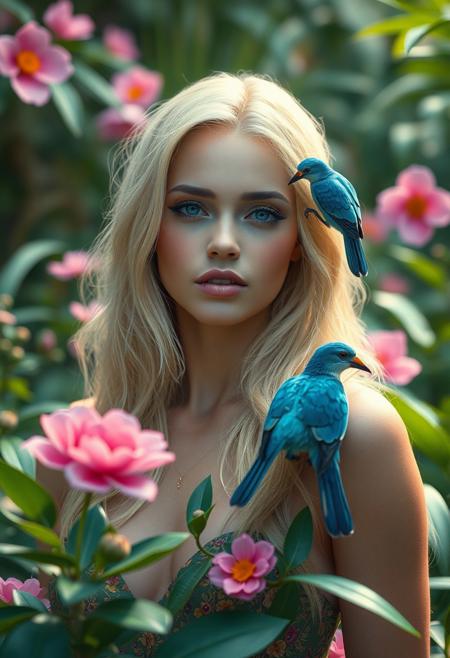 fashion photography portrait of human blonde avatar, in lush jungle with flowers and blue birds, 3d render, cgi, symetrical, octane render, 35mm, bokeh, 9:16, (intricate details:1.12), hdr, (intricate details, hyperdetailed:1.15), (natural skin texture, hyperrealism, soft light, sharp:1.2)