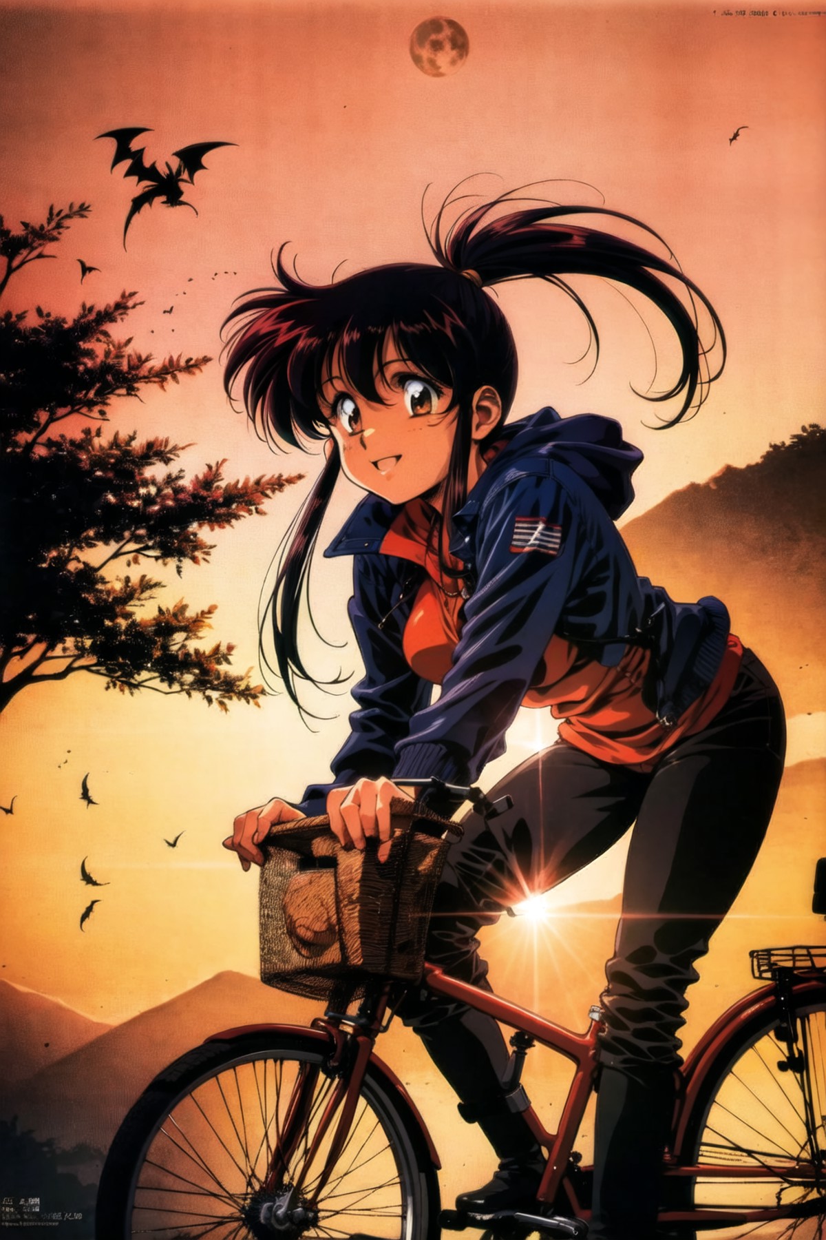 urushihara satoshi, 1990s \(style\), 1girl, autumn, bare tree, basket, bat, bicycle, bicycle basket, bird, blue hair, brow...