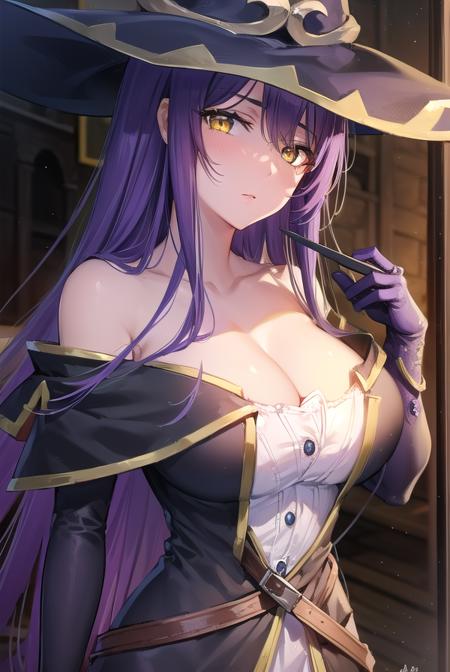 witch, <lyco:witch-lyco-nochekaiser:1>,
witch, long hair, purple hair, (yellow eyes:1.5),
BREAK thighhighs, gloves, hat, dress, cleavage, bare shoulders, elbow gloves, witch hat, (pelvic curtain:1.2), purple thighhighs,
BREAK indoors,
BREAK looking at viewer, (cowboy shot:1.5),
BREAK <lyco:GoodHands-beta2:1>, (masterpiece:1.2), best quality, high resolution, unity 8k wallpaper, (illustration:0.8), (beautiful detailed eyes:1.6), extremely detailed face, perfect lighting, extremely detailed CG, (perfect hands, perfect anatomy),