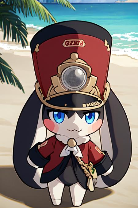 <lora:pompom:0.8> solo,blue eyes, red hat, blush stickers, rabbit ears, beach