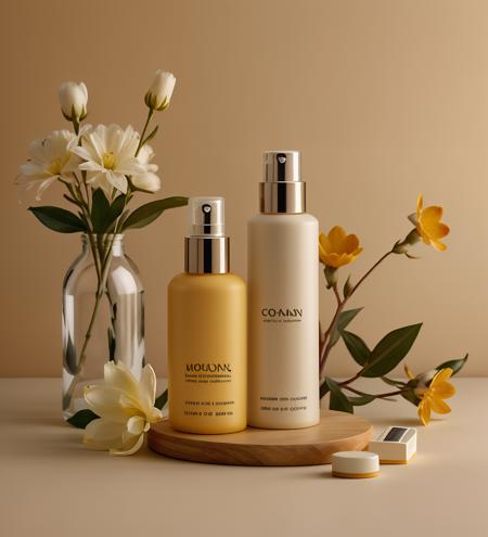 cosmetics, simple background, flower, bottle, yellow flower,  <lora:product_design_v3:0.6>