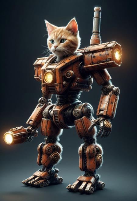 fir needle style, (((score_9, Score_8_up, score_7_up))), Cute kitten, battle-worn mech robot designed for a futuristic combat game. The mech should have heavy armor plating, with visible joints and glowing power cores. Include weapons mounted on its arms, such as missile launchers and a plasma cannon. The design should showcase mechanical details, rust, and dents to emphasize its use in combat, with glowing rgb lights indicating its power source is enable electricity, scales glow,