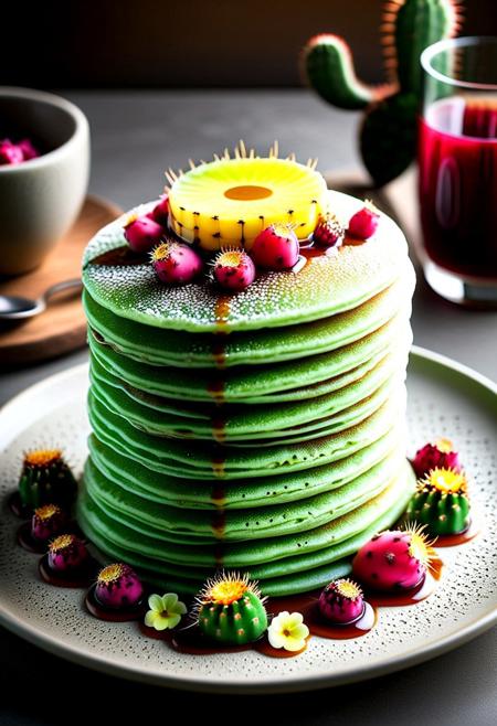 A photorealistic ultra-high-definition image of a gourmet stack of pancakes. The pancakes are crafted from prickly pear pads, thinly sliced and stacked, with a slightly charred and golden-brown surface while retaining their green cactus texture. A rich, deep red prickly pear syrup drizzles over the stack, glistening in the warm lighting. Aloe vera gel serves as a glossy, translucent butter substitute on top, melting into the layers. The dish is garnished with sliced dragon fruit and small edible cactus flowers for an exotic touch. The plate is placed in a cozy breakfast setting, with impeccable lighting emphasizing the unique textures and colors. The composition is striking—combining the familiar comfort of a pancake breakfast with the unusual and slightly dangerous nature of cacti. The background is softly blurred, ensuring focus on the vibrant, surreal cactus meal. The artistic food photography composition highlights impeccable lighting, vibrant colors, and an inviting atmosphere. The meal appears both delicious and slightly dangerous due to the presence of tiny spines and intricate cactus textures. The background is softly blurred, emphasizing the stunning details of this botanical culinary creation.