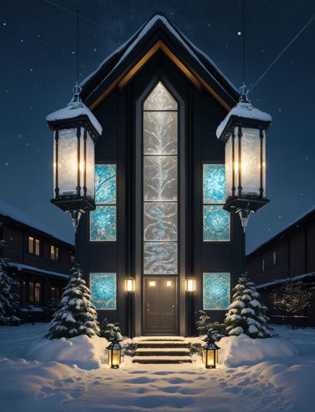 hyper detailed masterpiece, dynamic realistic digital art, awesome quality,DonMFr0stP4nkXL interspecies communication hub, composite materials,bioregenerative living walls, wall-mounted sconces,incandescent outdoor lamps, lanterns (traditional or modern),snow, ice <lora:DonMFr0stP4nkXL-000006:0.8>