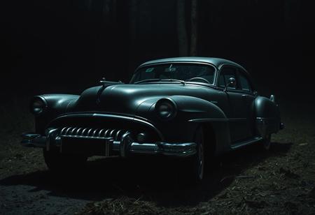 black car made by h. p. lovecraft, full view, horror, night
