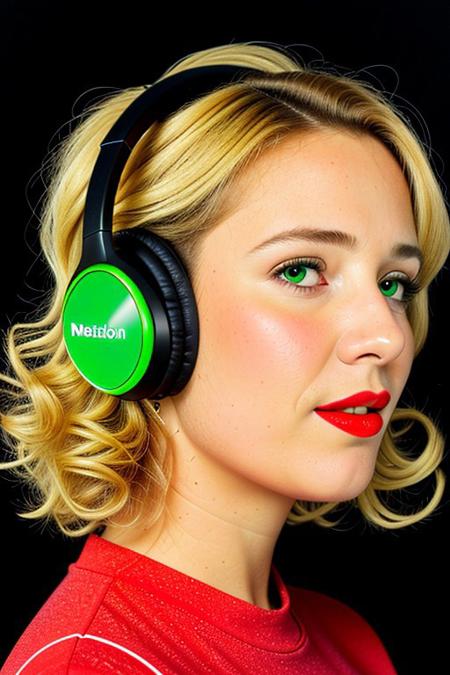 masterpiece, best quality, oil painting \(medium\), real, solo, 1girl, blonde hair, headphones, hair curls, black background, sound waves, red neon, white dress, musical note, red lipstick, medium hair, ringlets, green theme, hand on headphones, frills, puffy sleeves, short sleevesneon background, face close up,