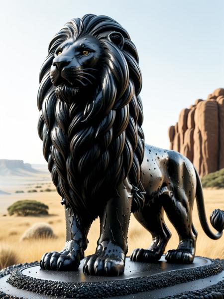 <lora:Fresh_Tarmac_SXDL:1> an intricately detailed lion made of black ais-tarmac stood majestically on Pride Rock overlooking the great plains