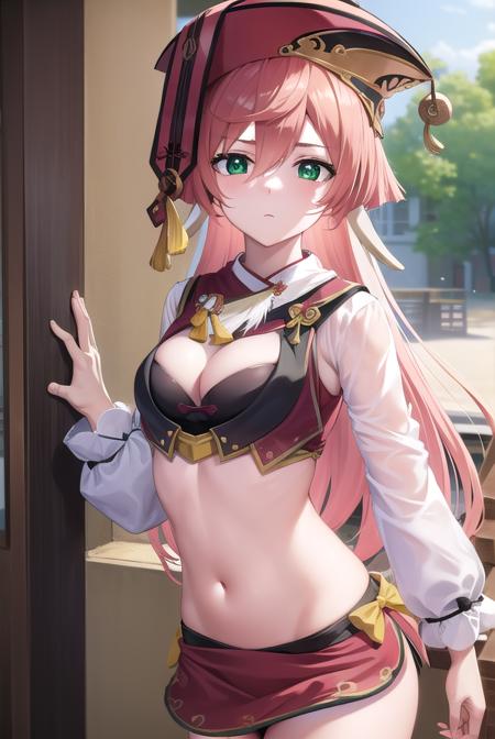 yanfei, antlers, horns, pink hair, long hair, hair between eyes, (green eyes:1.5), black bra, black shorts, boots, bow, bra, high heels, long sleeves, midriff, navel, red headwear, red skirt, red vest, shorts, skirt, two-tone footwear, vest, yellow bow,