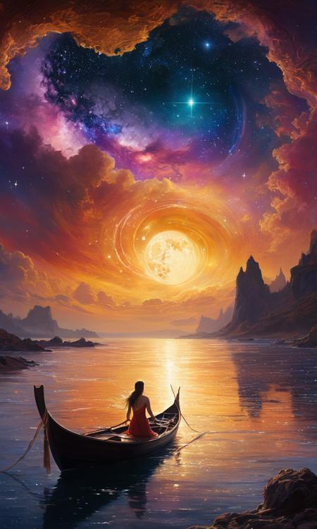 cinematic still (Ink illustration on parchment). In this mythical night scene viewed from high above, the panorama unfolds with breathtaking grandeur. A majestic planet hangs like a luminescent jewel in the cosmic tapestry, its rings shimmering with ethereal beauty. Nebulous star clusters form swirling galaxies, their cosmic dance painting the heavens with hues of celestial wonder. A celestial ballet of shooting stars streaks across the firmament, leaving ephemeral trails of stardust in their wake. The atmosphere is alive with an aurora of shimmering colors, weaving ribbons of light through the velvety darkness. Fantastical clouds, Below, the tranquil sea glimmers under the moon's silvery embrace, its surface a mirror reflecting the luminous spectacle above. Waves gently lap against the shores, adding a soothing rhythm to the symphony of celestial beauty. This mythical night scene transports observers to a realm where imagination and reality merge in a breathtaking display of cosmic artistry., 8k, masterfully stylized, by Jeff Easley and Terry Redlin . emotional, harmonious, vignette, 4k epic detailed, shot on kodak, 35mm photo, sharp focus, high budget, cinemascope, moody, epic, gorgeous, film grain, grainy, (Ink illustration on parchment). In this mythical night scene viewed from high above, the panorama unfolds with breathtaking grandeur. A majestic planet hangs like a luminescent jewel in the cosmic tapestry, its rings shimmering with ethereal beauty. Nebulous star clusters form swirling galaxies, their cosmic dance painting the heavens with hues of celestial wonder. A celestial ballet of shooting stars streaks across the firmament, leaving ephemeral trails of stardust in their wake. The atmosphere is alive with an aurora of shimmering colors, weaving ribbons of light through the velvety darkness. Fantastical clouds, Below, the tranquil sea glimmers under the moon's silvery embrace, its surface a mirror reflecting the luminous spectacle above. Waves gently lap against the shores, adding a soothing rhythm to the symphony of celestial beauty. This mythical night scene transports observers to a realm where imagination and reality merge in a breathtaking display of cosmic artistry., 8k, masterfully stylized, by Jeff Easley and Terry Redlin, extremely detailed, full color, complimentary composition, exquisite detail, stunning