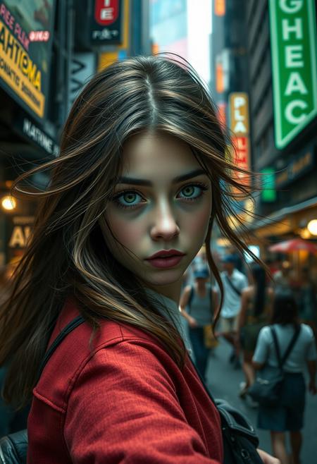 (extremely intricate:1.3), (realistic), photo of a girl in a bustling metropolis, weaving through crowded streets and dark alleyways, close up, Detailed clothes, green eyes, flowing hair, determined expression, shiny glossy skin, subsurface scattering, (sharp:0.7), [(colorful explosion psychedelic paint colors:1.21)::0.05], amazing fine detail, Nikon D850 film stock photograph Kodak Portra 400 camera f1.6 lens, rich colors, lifelike texture, dramatic lighting, urban environment, skyscrapers, neon signs, street vendors, dynamic composition, unreal engine, trending on ArtStation, cinestill 800 tungsten
, volumetrics dtx, (film grain, blurry background, blurry foreground, bokeh, depth of field, motion blur:1.3)