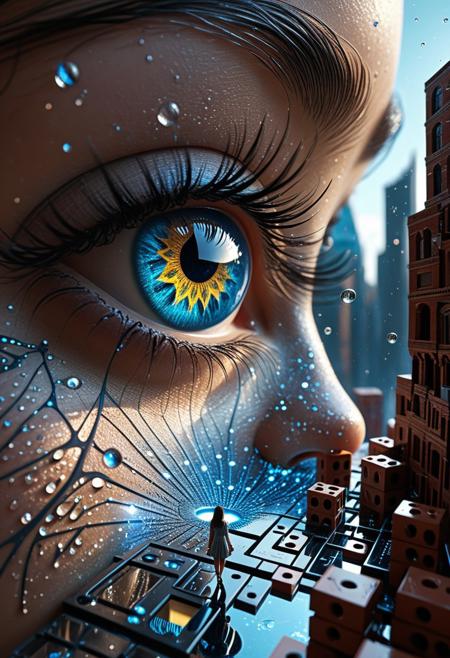 sharp focus:1.3, subsurface scattering, 8k texture, 
skin pores visible, crisp eyelashes, detailed iris striations, 
hyperdetailed fabrics, fluid dynamics, particle physics accuracy,
ray traced reflections, atmospheric perspective,(masterpiece, surreal realism:1.4), tilt-shift perspective, infinite DOF,
1girl constructing dream-cities from subconscious matter (fear-bricks, joy-glass),
[Shared mindscape], citizens shaped from memories walking fractal streets,
hyperdetailed iris reflections showing blueprints, neural dust on fingers,
quantum scaffolding, emotion-weather systems