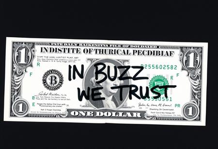 Create the perfect picture of an one dollar note. It has: "IN BUZZ WE TRUST" written on it with a black text marker.