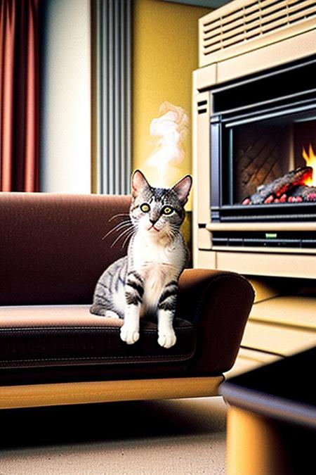a cat smoking a cigar, sitting on black couch, fireplace,<lora:vhs:1>