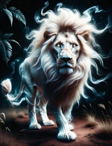 <lora:SDXLGhostStyle:1> GhostlyStyle, photo of a majestic albino lion, high quality, savannah at night