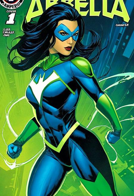 Modern Comic, Abella, Random female Superhero costume, Dangerous, Highly Detailed, Blue And Green Tones, action, cover