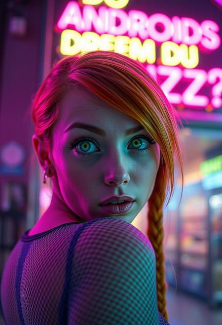 neon sign "DO ANDROIDS DREAM OF BUZZ?",
a dramatic extreme close-up of a woman's eyes, intense, looking back over her shoulder, emotional atmosphere, in the style of cksc, beautiful surprised woman, looking at viewer, (alert), (((pale skin))), orange hair, freckles, long braided hair, big green eyes, glowing green eyes, blacklight, (((skin-tight jumpsuit))), ((cybernetics)), ((fishnet clothing)), limited palette, candy colors, pink, pale blue, lime green, colorful bokeh, blurred background