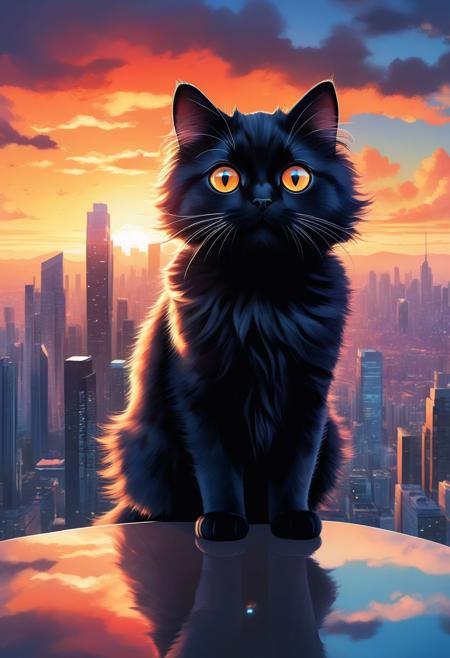 A captivating illustration of a ((cute cat)) with ((huge)) ((oversized)) ((manga-style eyes)), feline is gazing very longingly into the camera lens. The cat's fluffy fur contrasts with its sleek black attire, and it sits on a transparent cloud, as if levitating above the ground. The background showcases a vibrant cityscape with towering skyscrapers and a dramatic sunset, creating a delightful mix of urban and whimsical elements, from above