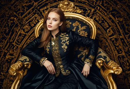 onlfnmdxlrd, 1girl, solo, looking at viewer, sitting, parted lips, realistic 24 year old, flat chest, Auburn blowout, caucasian, hazel eyes, fair skinned, best quality, RAW photo, subject, 8k uhd, high quality, photorealistic, deluxe, fair-skinned female, fair skin, tycoon, baroque rebellion, plutocrat, opulent, Dark Background, ostentatious, High-angle shot <lora:onlfnmdXLrd:0.7>