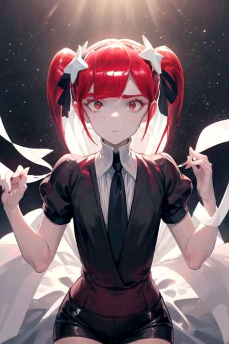 RedBeryl, solo, long hair, white shirt, hair ornament, red eyes, twintails, short sleeves, red hair, black necktie, black shorts, puffy sleeves, star (symbol), 1other, gem uniform (houseki no kuni), crystal hair, 