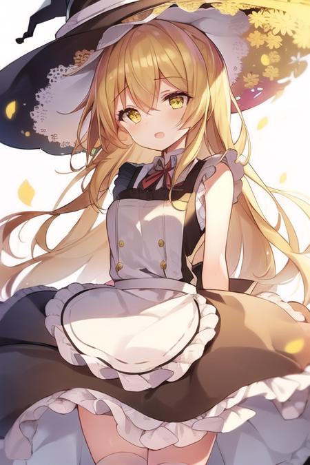 1girl,masterpiece,upper body, best_quality, Kirisame Marisa, blonde hair, yellow eyes,open mouth,maid apron, witch hat, arms behind back <lora:Bison-v2-style-000004:1>