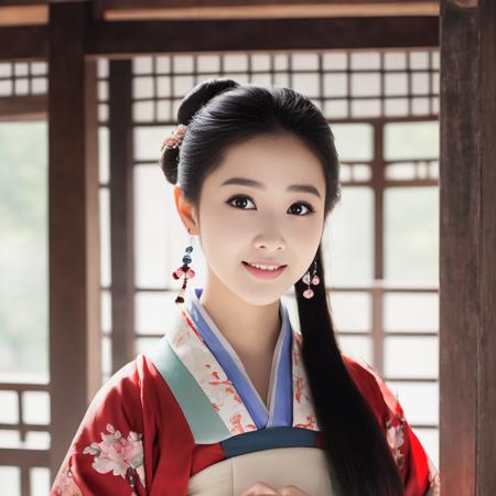 masterpiece,best quality,1girl,in hanfu,upper body,looking at viewer,smile,simple background <lora:meinv_v2:0.7>