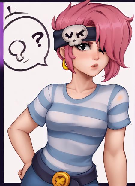 bspenny ,1girl , pink hair , short hair, black eye ,   bandana,  one eye covered ,  skull  ,hairband  ,  , striped shirt, belt,